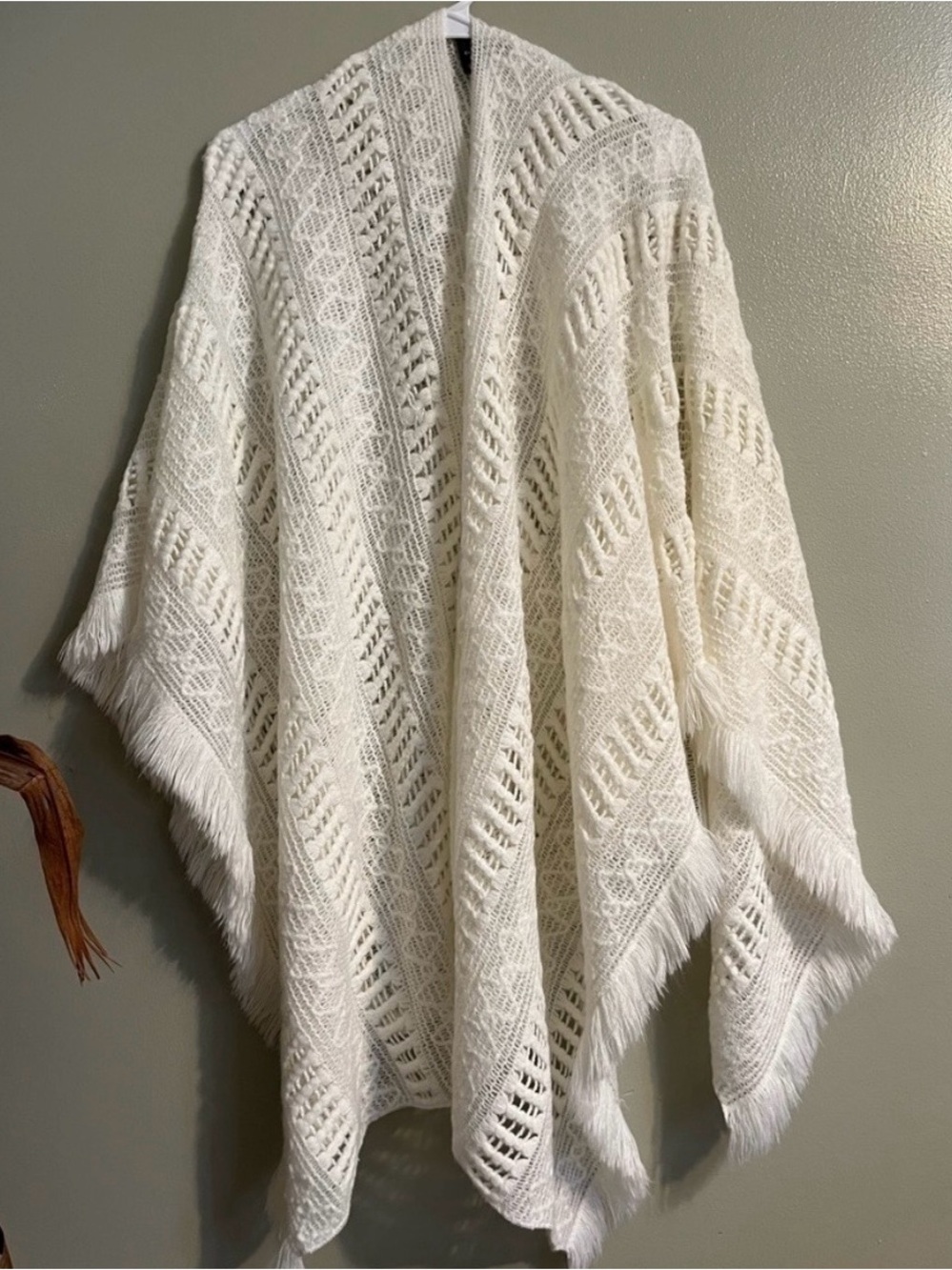 Mixit Cream Open-Knit Fringe Cape Wrap